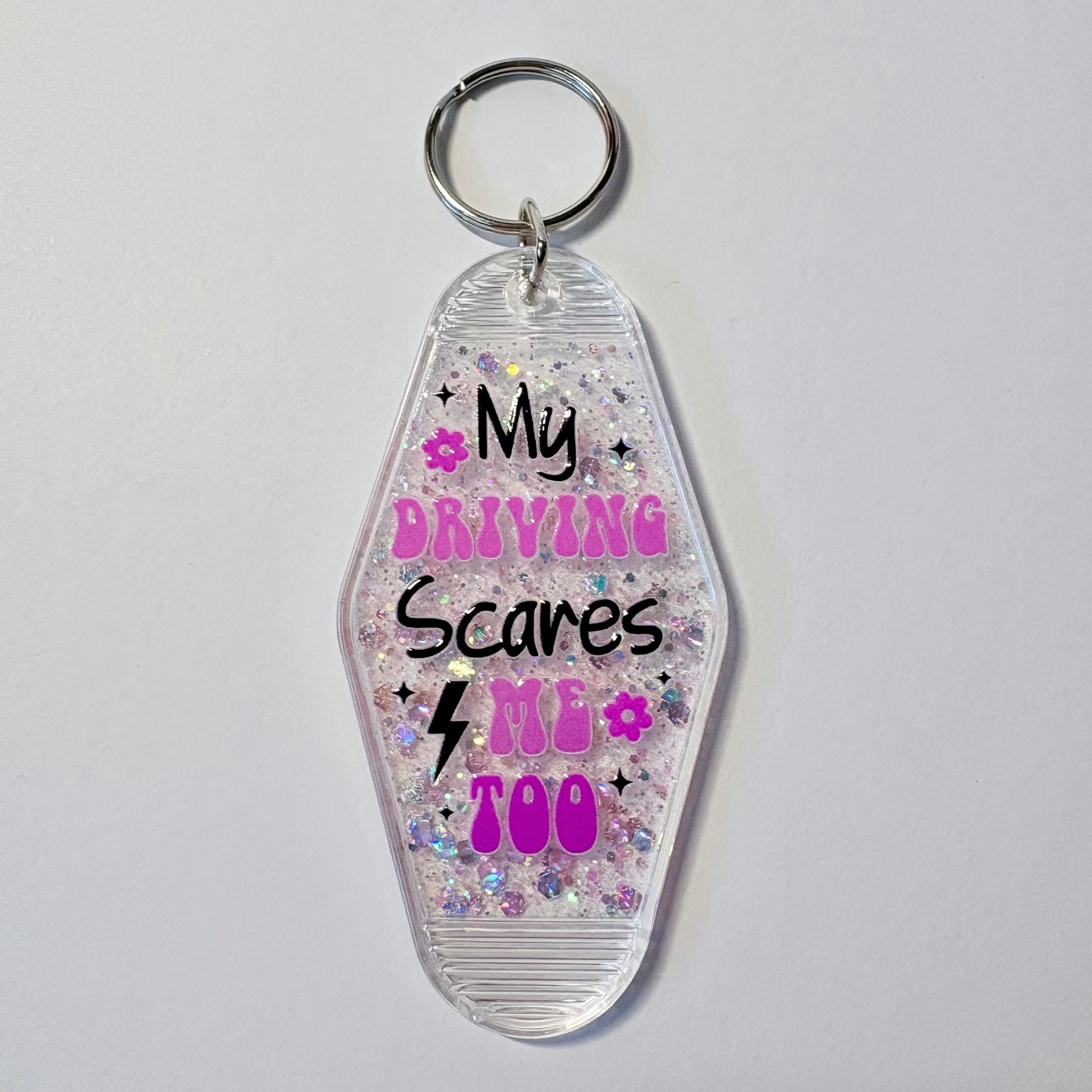"My Driving Scares Me Too" Retro Motel Keychain