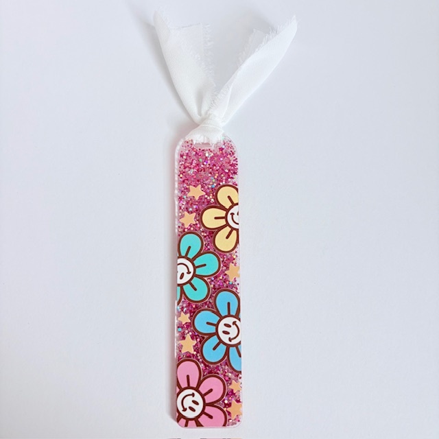 Retro Smiley Glitter Bookmark with Chiffon Ribbon