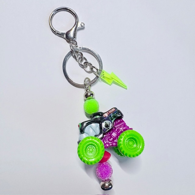 Neon Grave Digger Mini Monster Truck Beaded Keychain